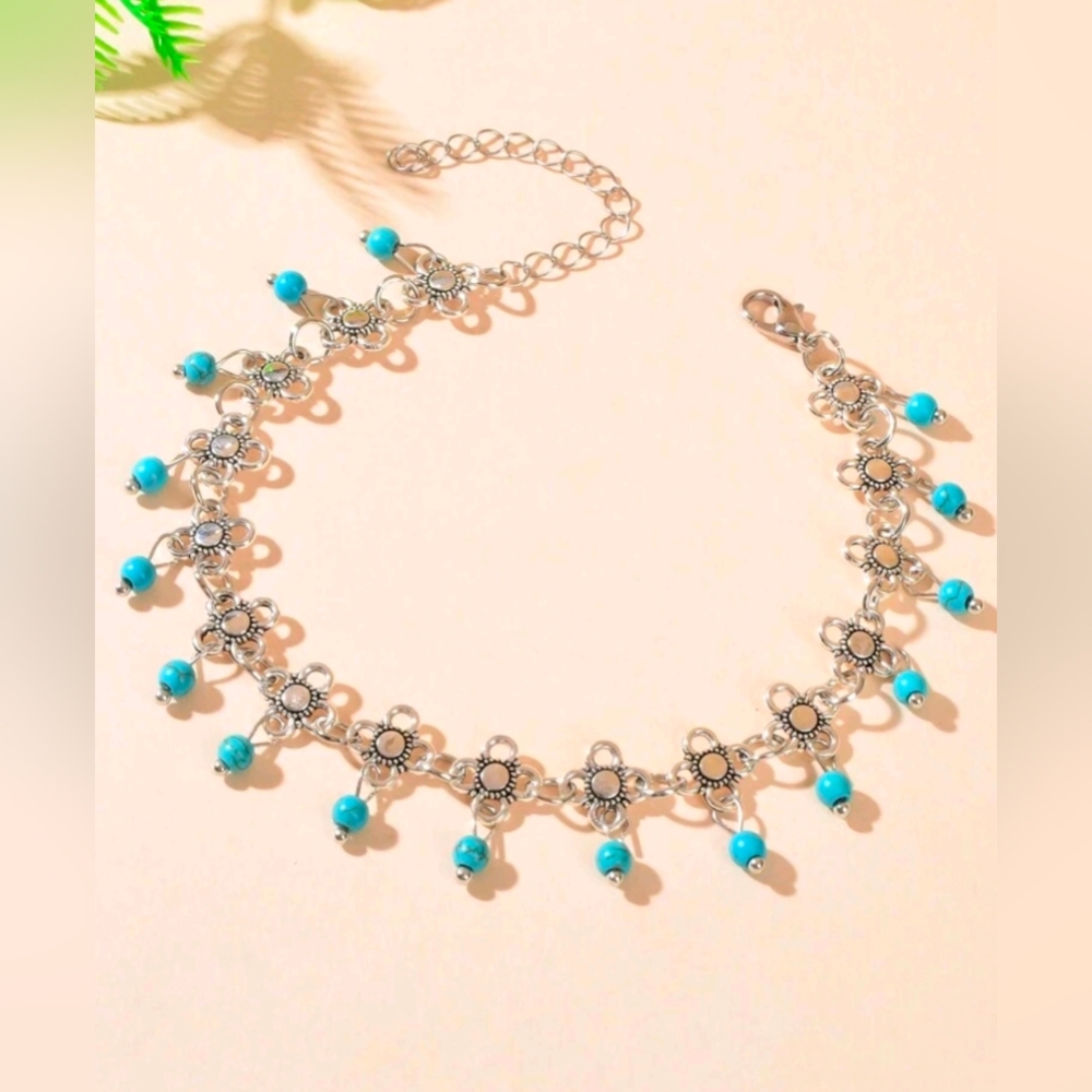 Silver and Turquoise Beaded Anklet - Picture 2 of 5